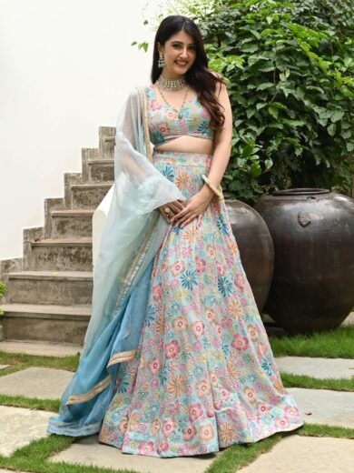 Muslin Silk Digital Printed with Hook Beads Work Lehenga Choli