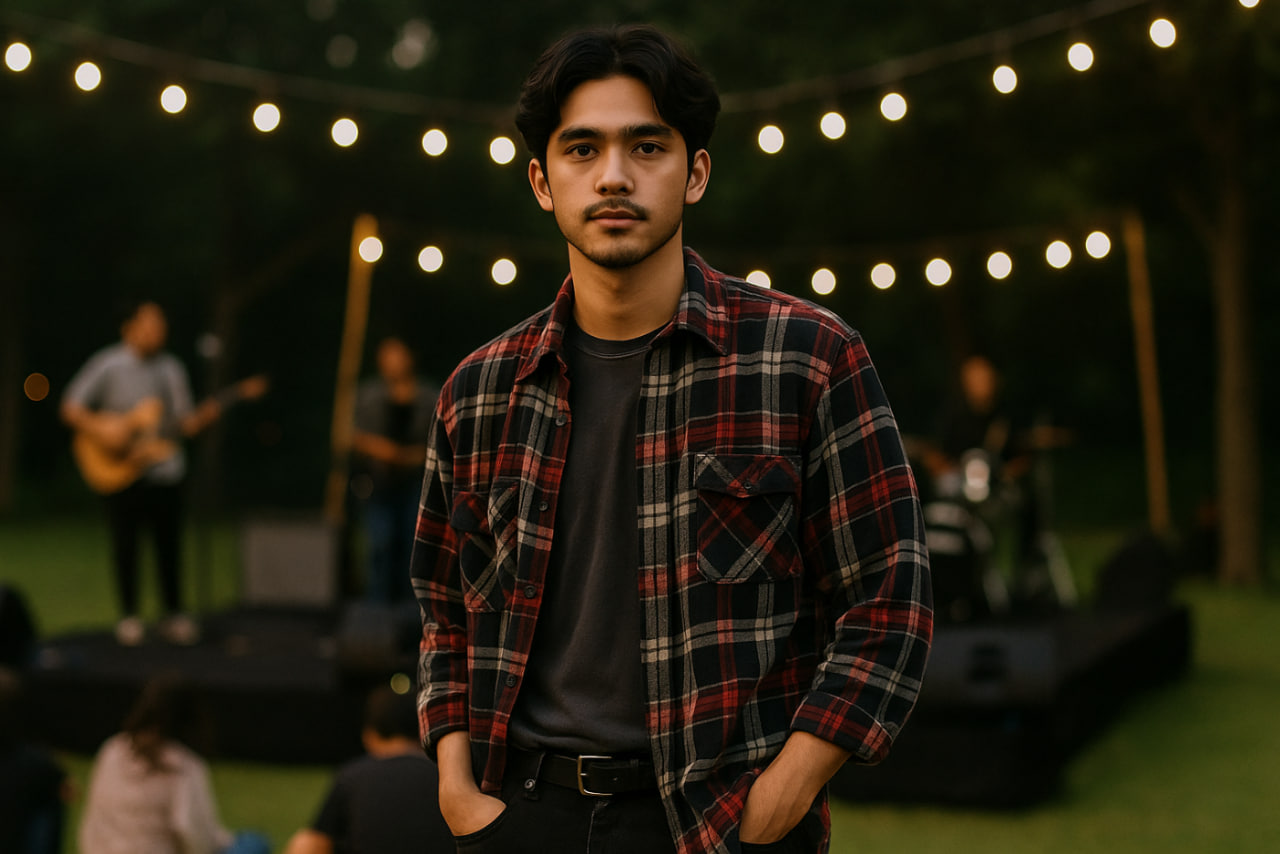 gaya cowok ke mini concert atau open mic yang simpel tapi tetap berkarakter