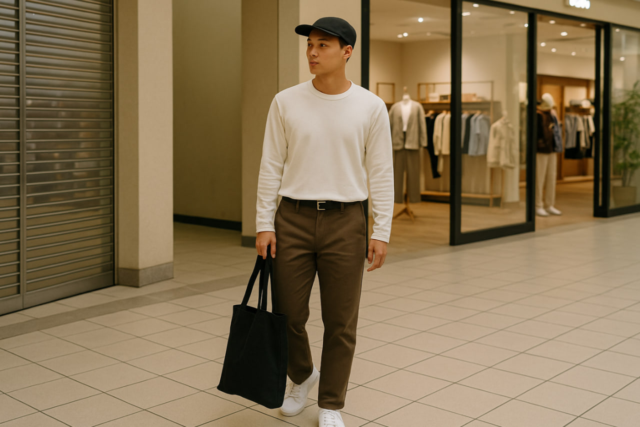 look cowok ke mall yang clean dan santai untuk nongkrong dan window shopping