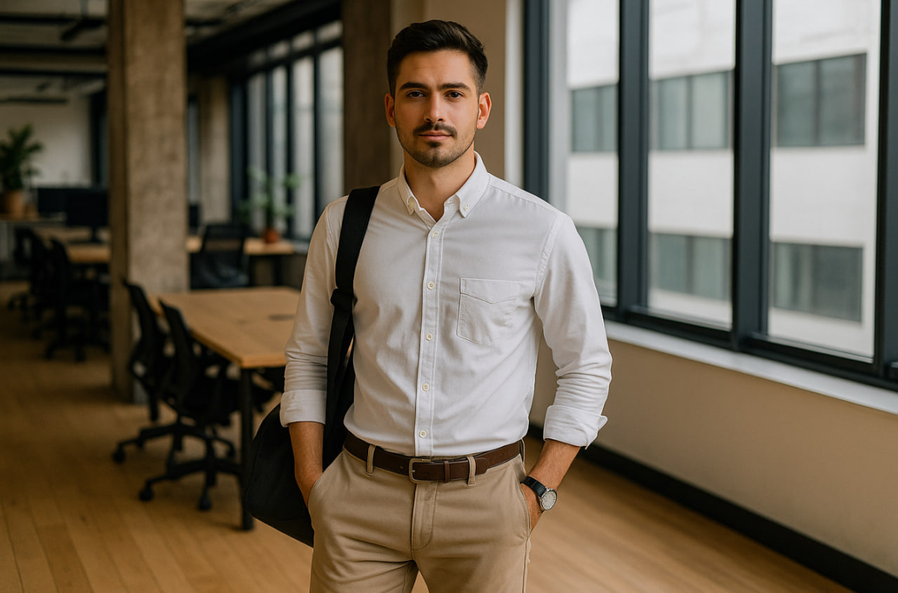outfit cowok buat daftar kerja di kantor startup yang rapi dan tetap santai