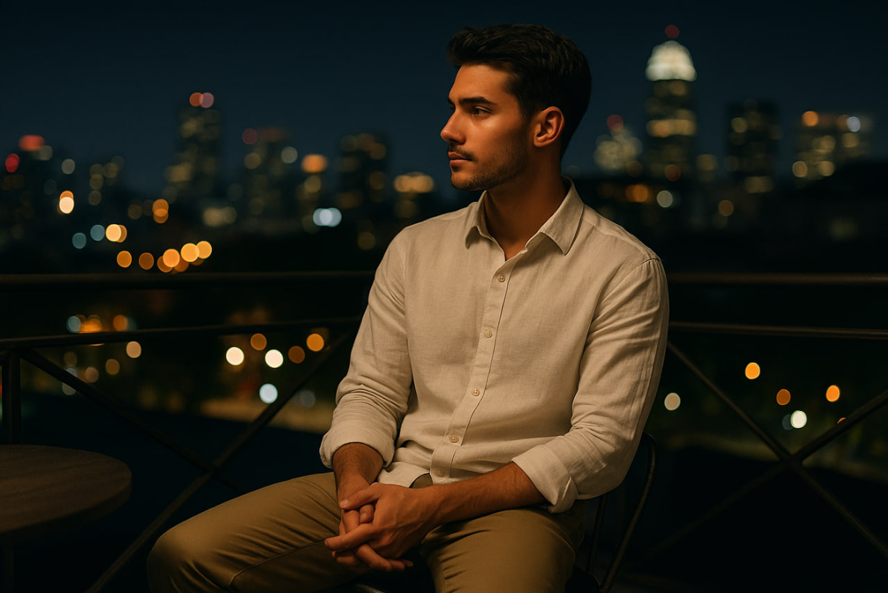 gaya cowok buat nongkrong di rooftop cafe malam yang adem dan ganteng