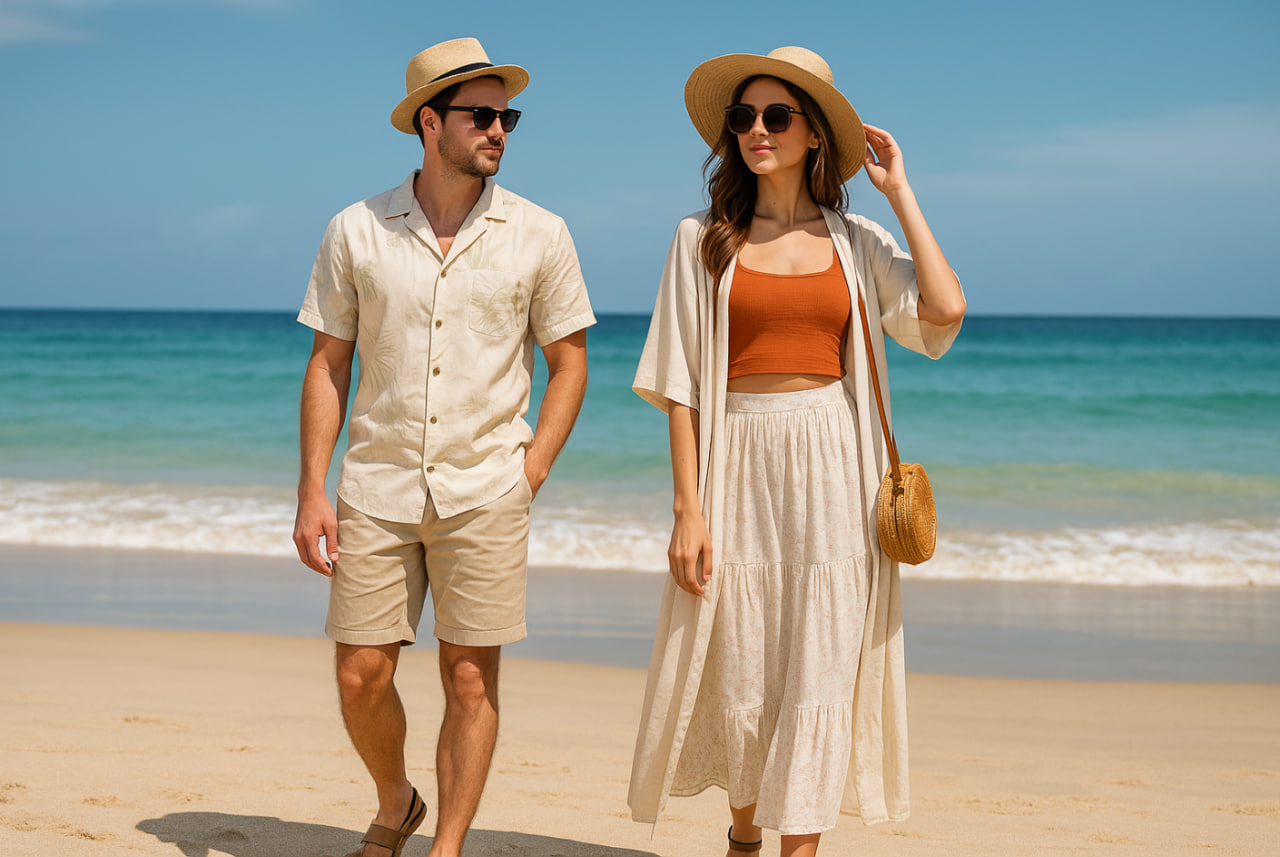 outfit liburan musim panas 2025 pria dan wanita di pantai yang stylish dan instagramable