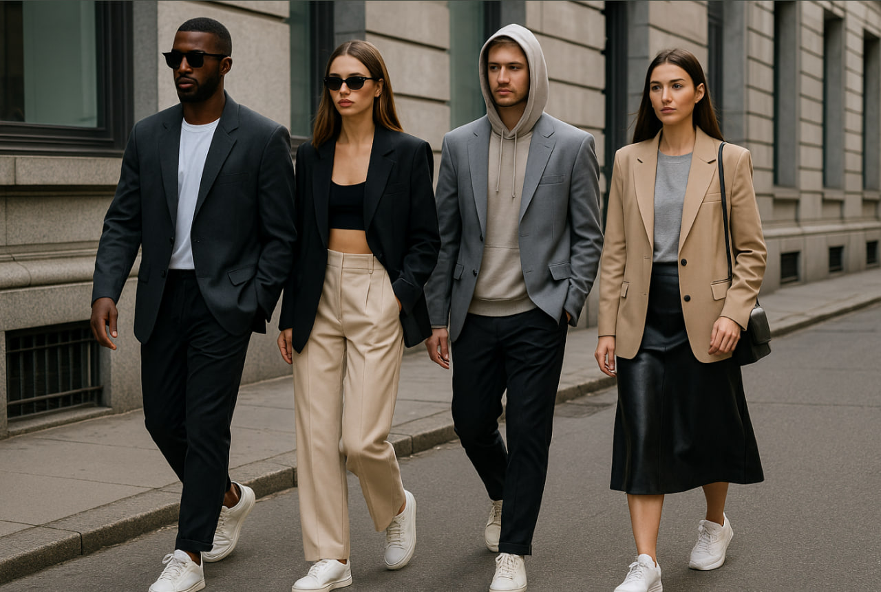 streetwear formal mix 2025 pria dan wanita memadukan blazer dengan sneakers