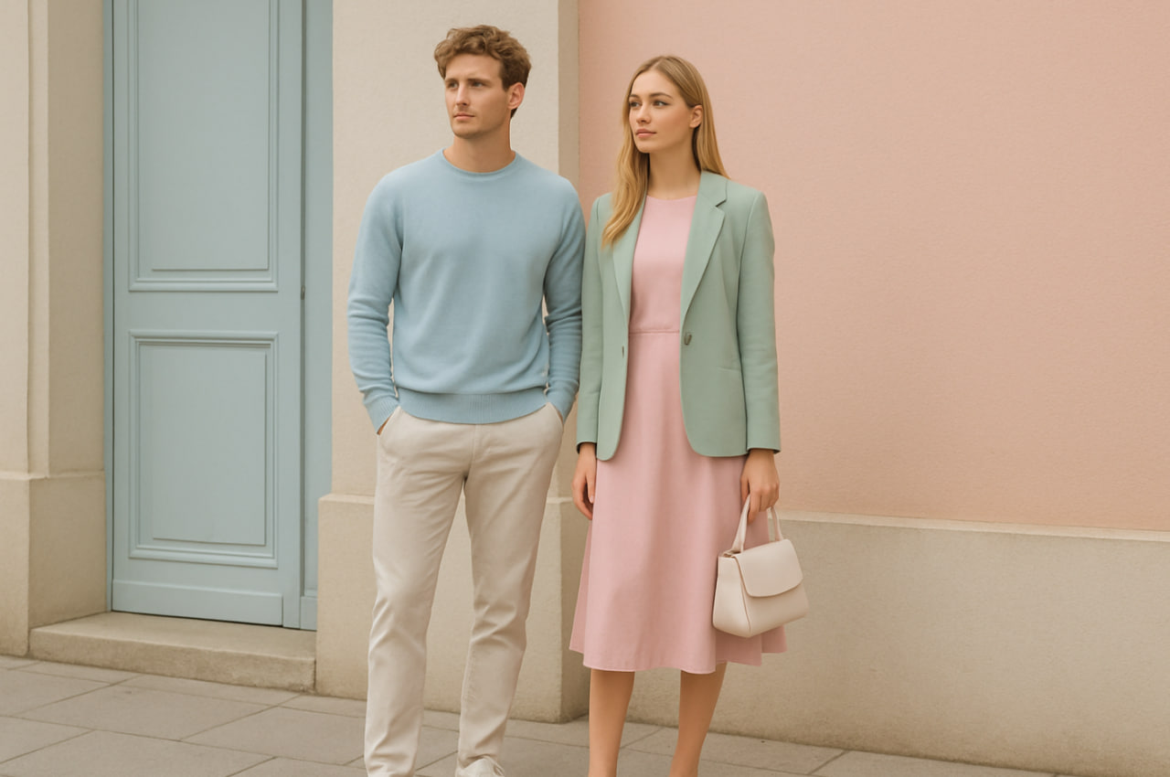 mix and match outfit warna pastel 2025 pria dan wanita segar manis elegan