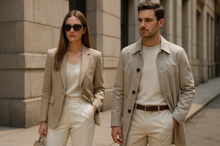 luxury minimalist 2025 pria dan wanita dengan outfit simple premium elegan