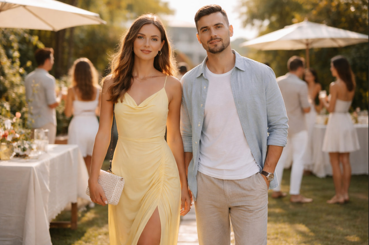 summer party look 2025 pria dan wanita dengan outfit cerah stylish