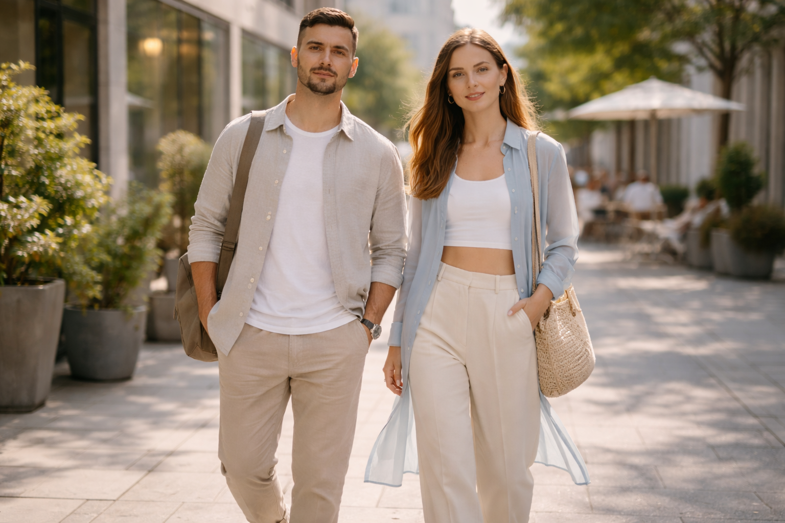 layered summer look 2026 pria dan wanita dengan outfit musim panas ringan dan stylish di kota modern