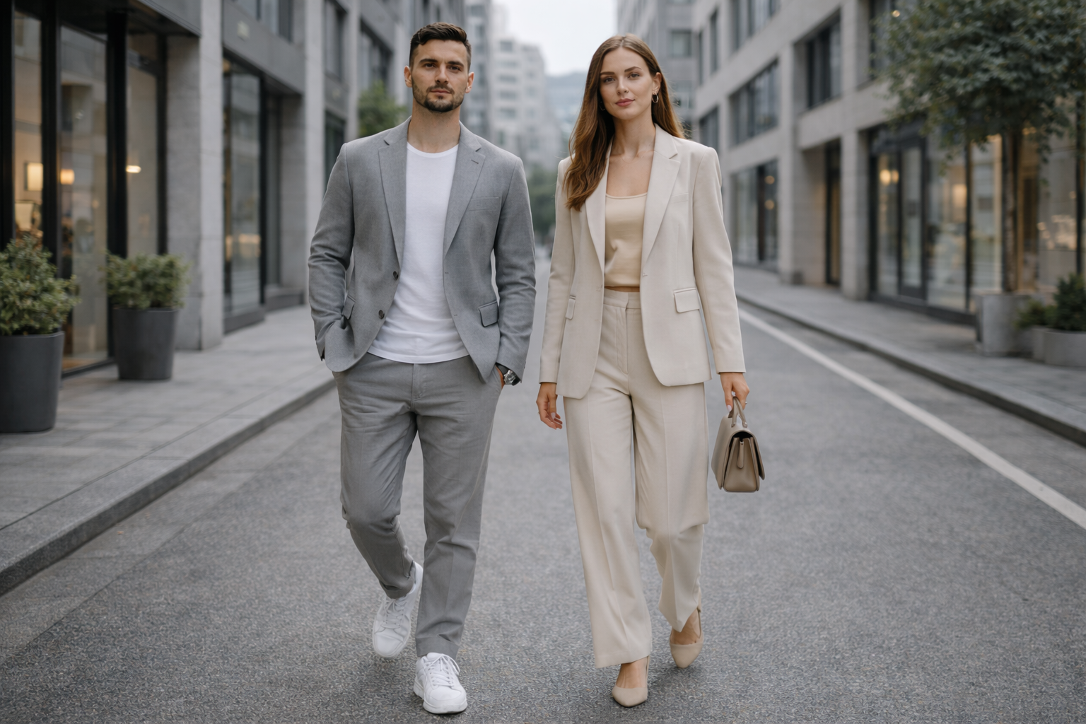 smart tailoring 2026 pria dan wanita dengan outfit formal modern fleksibel di jalan kota