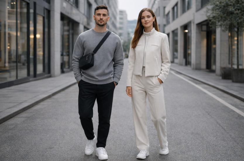 futuristic casual 2026 pria dan wanita dengan gaya santai modern futuristik