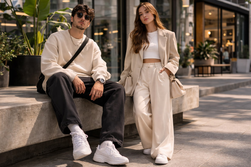 clean street minimal 2026 pria dan wanita dengan outfit streetwear simpel modern di jalan kota