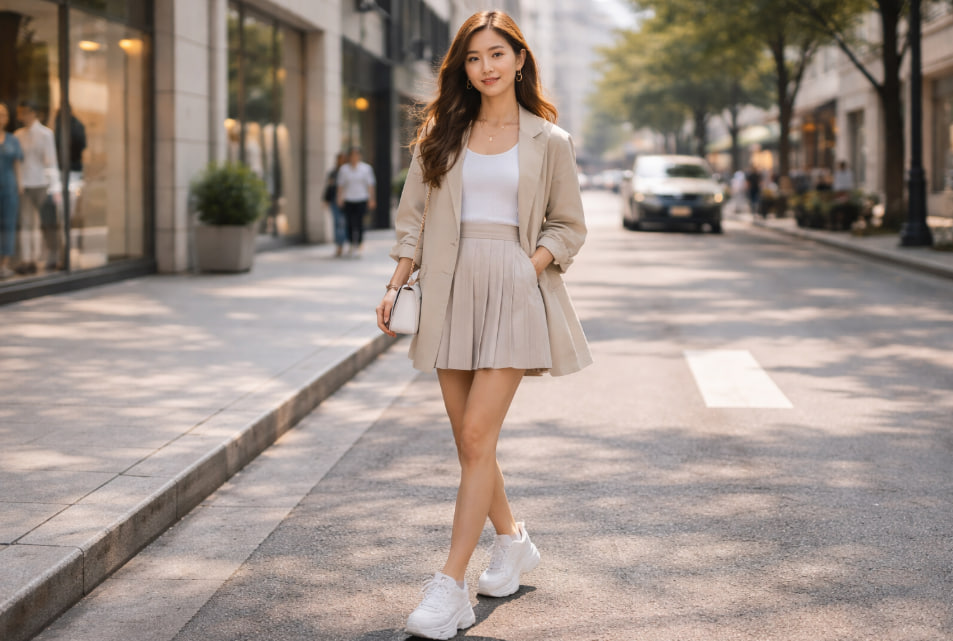OOTD Korea style wanita dengan outfit oversized warna pastel di jalan kota modern