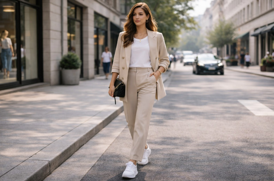 Mix and match outfit wanita dengan gaya kasual elegan warna netral di jalan kota modern