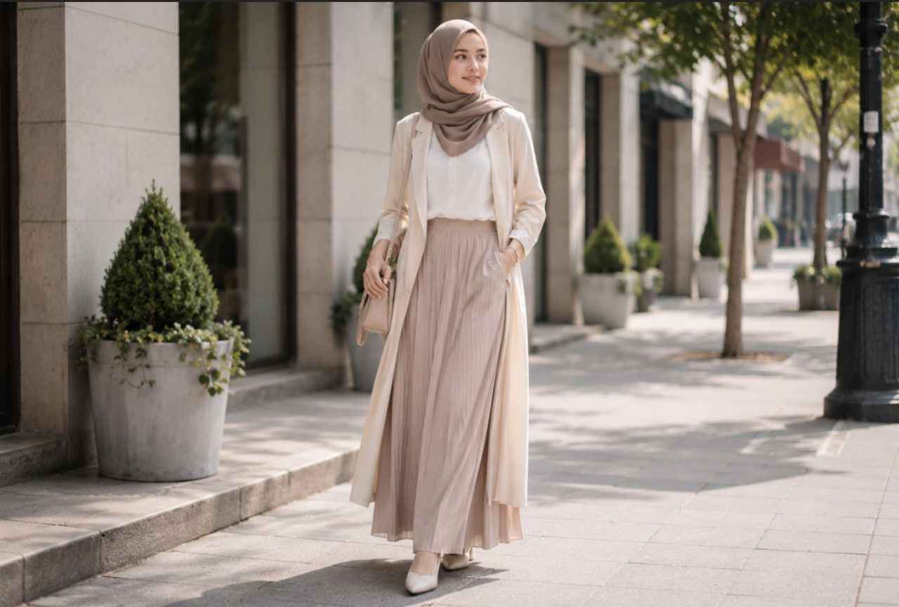 modern hijab fashion woman, elegant outfit, neutral