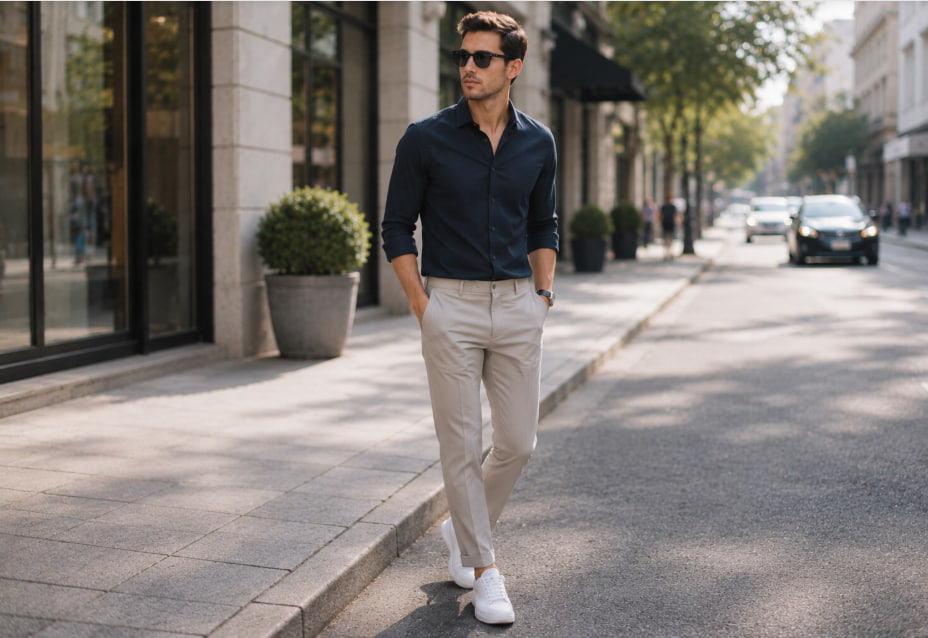 Streetwear pria modern dengan oversized t-shirt, cargo pants hitam, dan sneakers putih di jalan kota modern